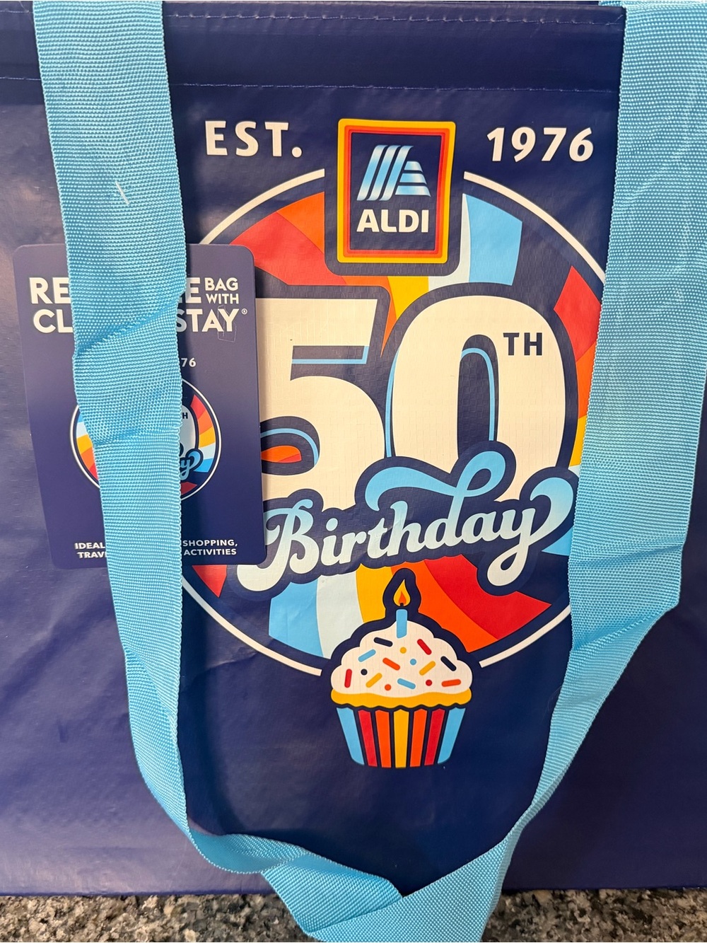 ALDI 50th Birthday Navy Tote Bag with Light Blue Straps